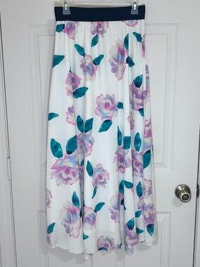 LuLa Roe White Maxi Skirt with Pink and Blue Floral Print| Size S